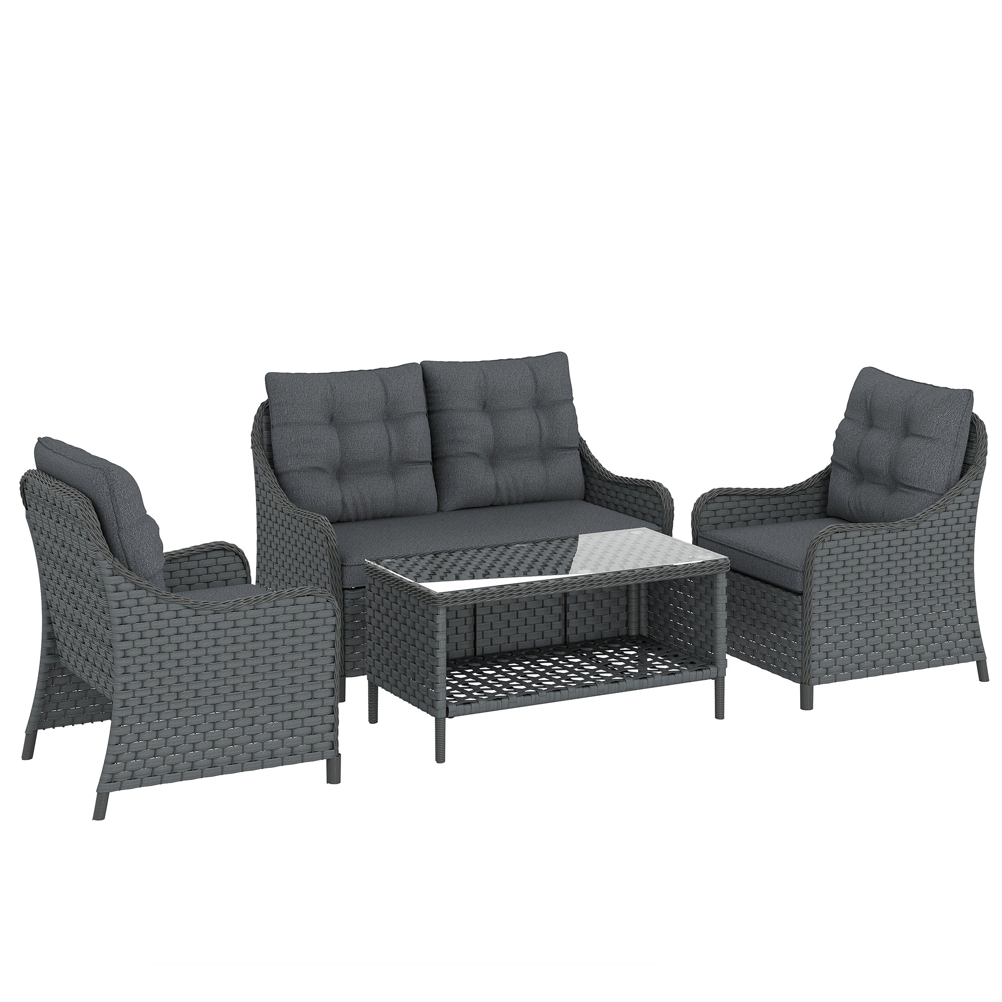 Outsunny 4-Piece Wicker Patio Furniture Set with 2 Armchairs, Loveseat, Glass Coffee Table, Conversation Sofa Set, Dark Grey