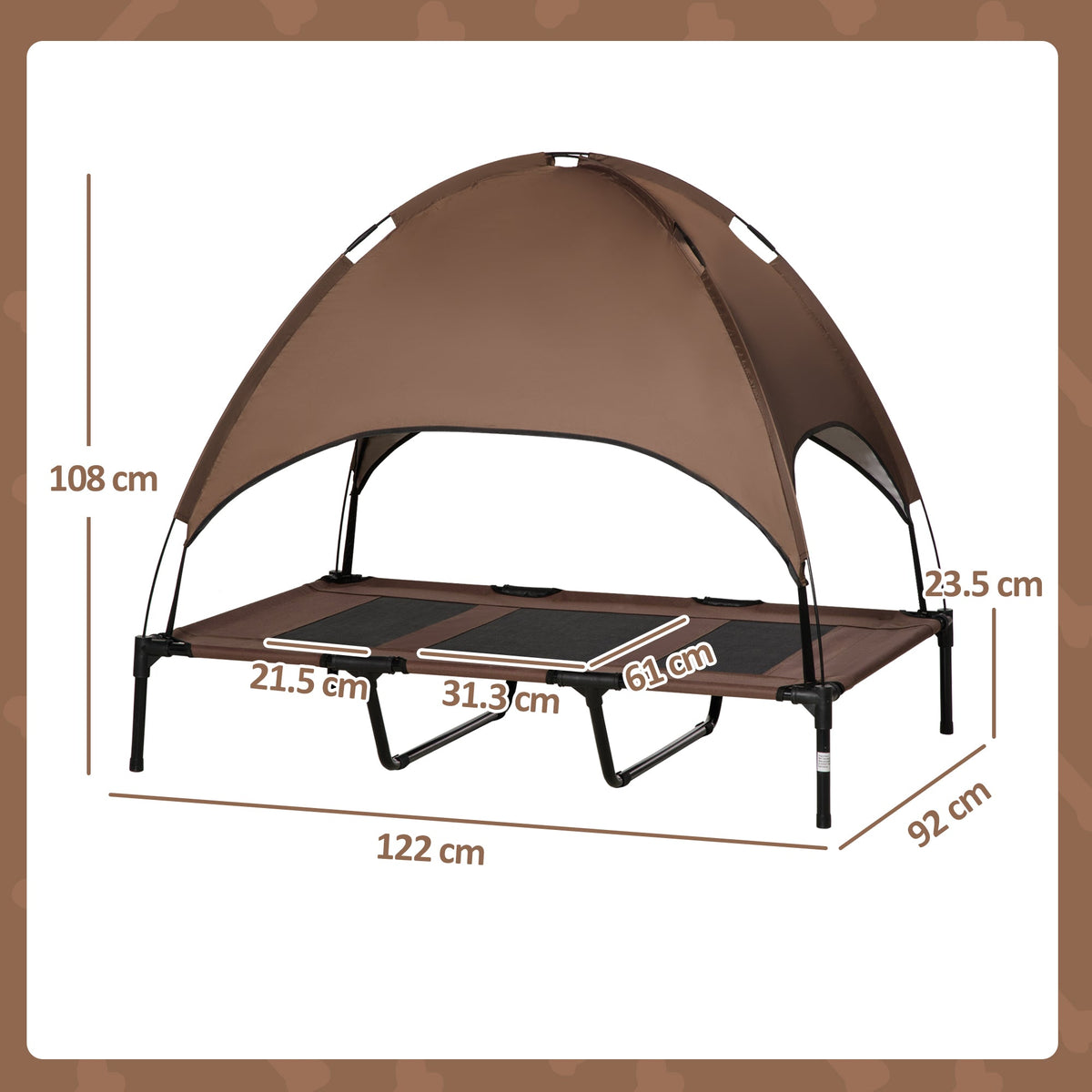PawHut Outdoor Dog Bed with Removable Canopy, Portable Raised Dog Bed for Camping, Garden & Beach, Water-Resistant UV-Protection Mesh Pet Cot Sun Lounger, for XL Pets, 122 x 92 x 108 cm, Brown
