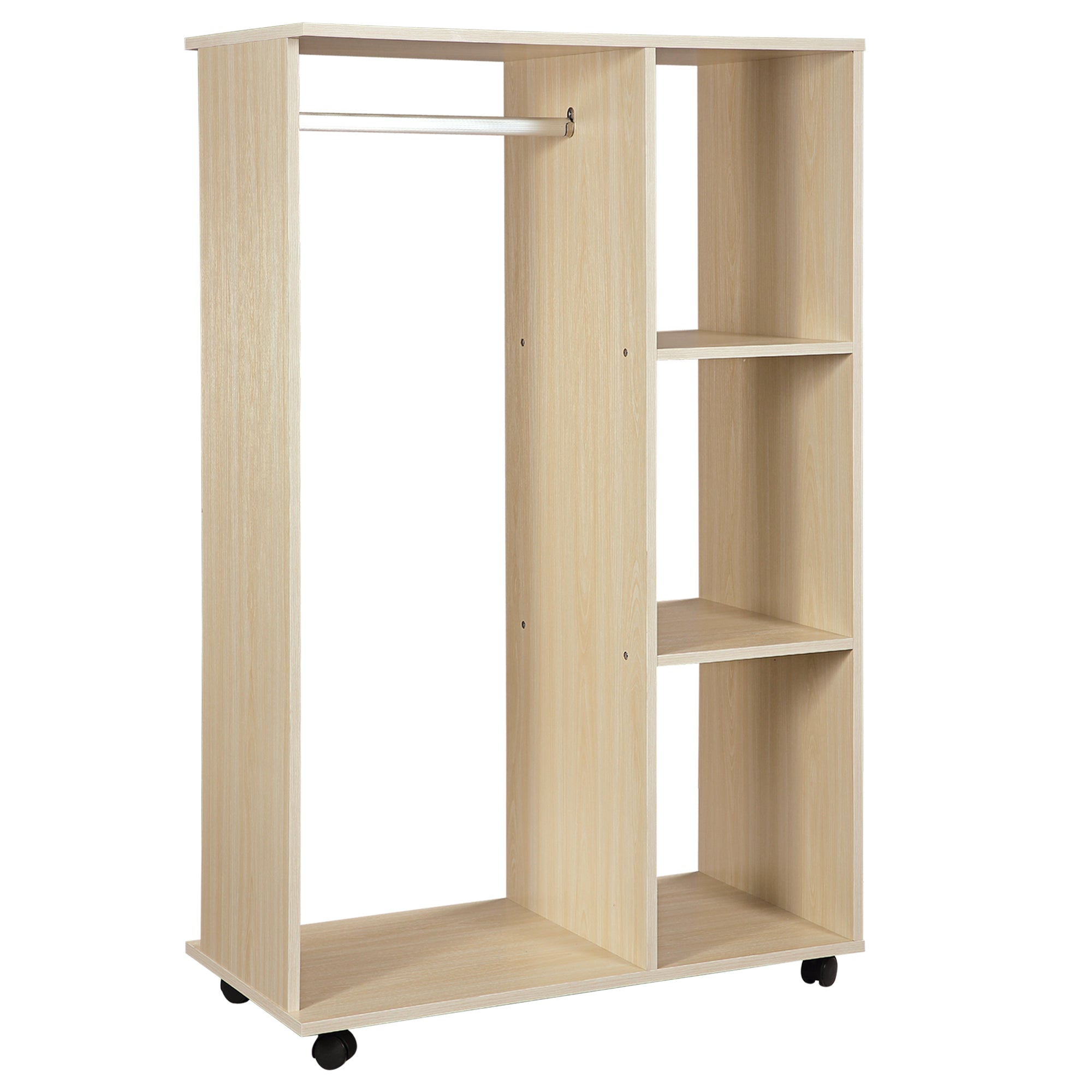 HOMCOM Open Wardrobe on Wheels, Bedroom Wardrobe with Clothes Hanging Rail, 3 Storage Shelves, Mobile Garment Rack for Cloakroom, Hallway, Maple Wood-Effect