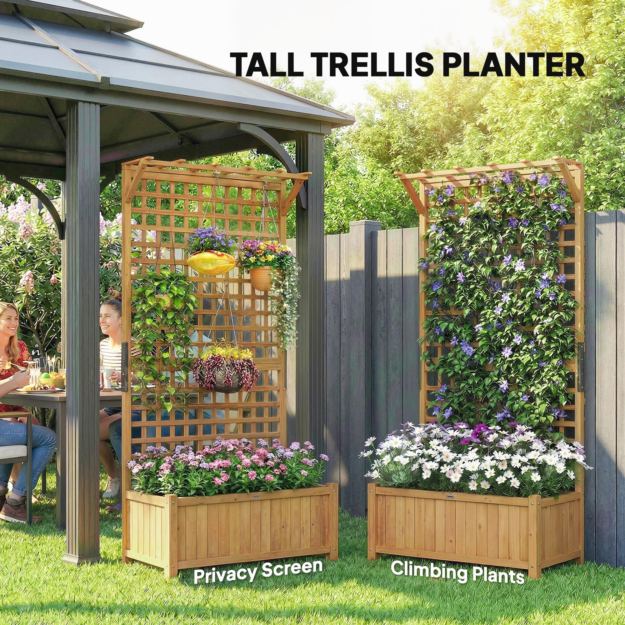 Outsunny Raised Bed with Drainage Holes, Wood Planter with Trellis for Climbing Plants to Grow Vegetables, Flowers, Yellow