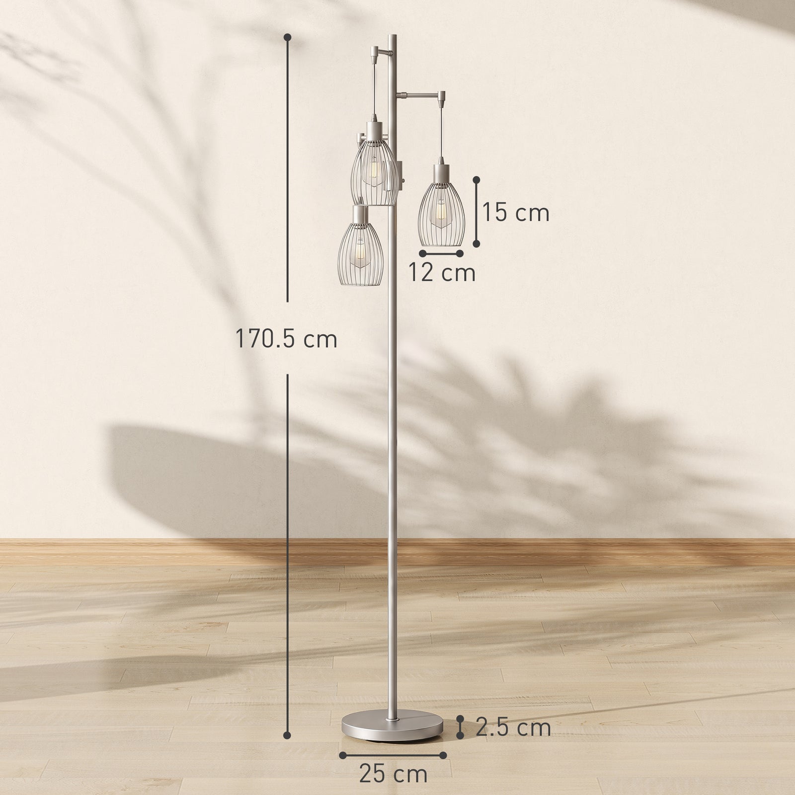 HOMCOM 170.5cm Industrial Dimmable Standing Lamp, 3-Light Floor Lamp with Steel Wire Cage Lampshades, Silver Tone