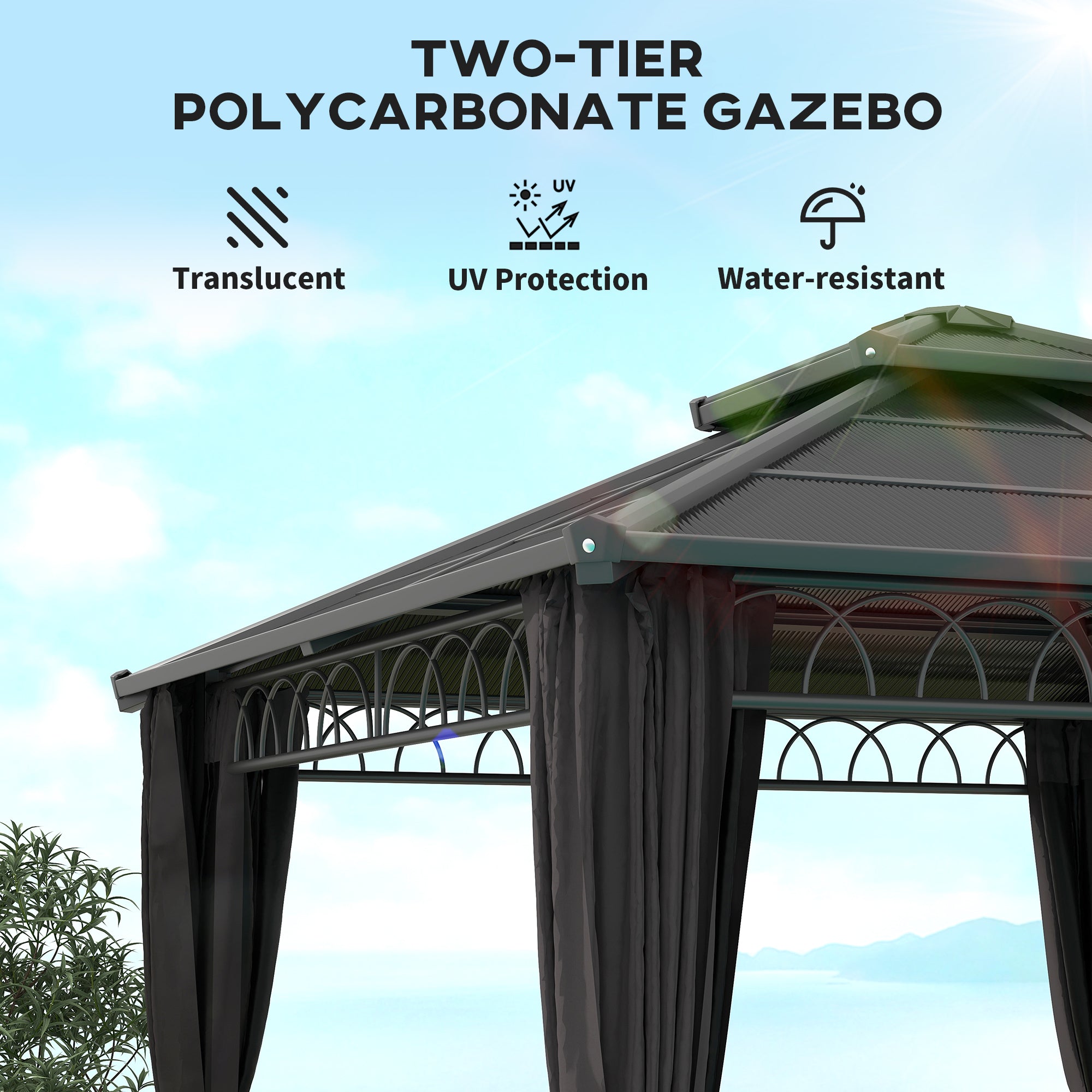 Outsunny 3 x 3 (m) Outdoor Polycarbonate Gazebo, Double√Ç Roof Hard Top Gazebo with√Ç Galvanised Steel Frame, Nettings√Ç &√Ç Curtains for Garden, Lawn, Patio and Deck, Dark Grey