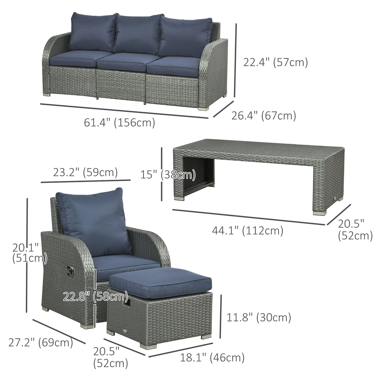 Outsunny Six-piece Outdoor Rattan Dining Set, Outdoor Sofa Set with Reclining Armchairs and Mental Frame, Blue