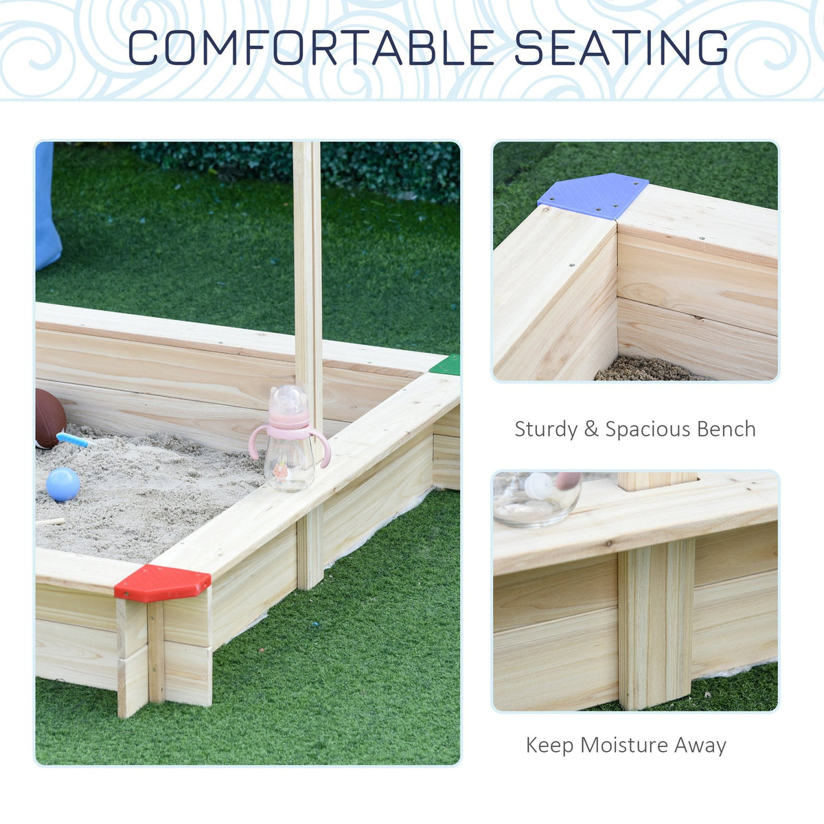 Outsunny Kids Wooden Sand Pit Sandbox Children Square Outdoor Playset Adjustable Canopy Bench Seat 120x120x120cm