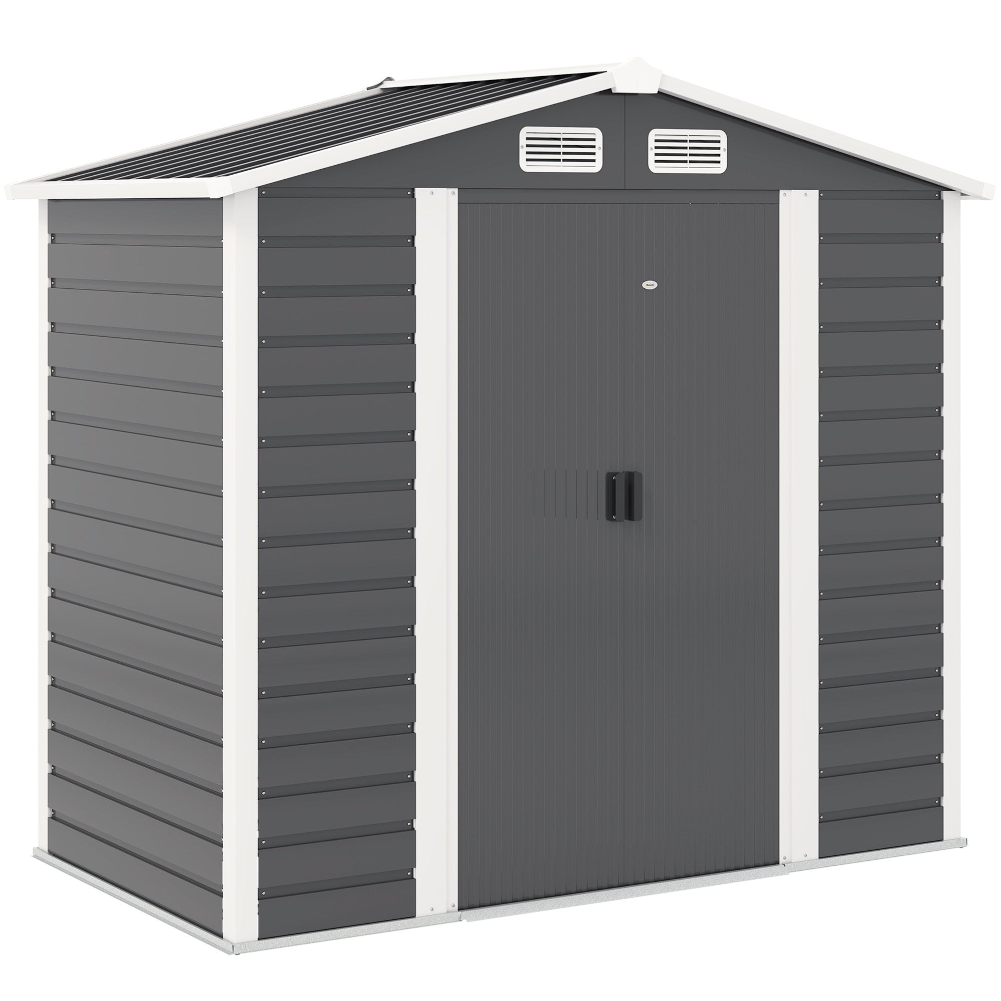 Outsunny 7 x 4ft Garden Shed, Easy to Assemble, Upgraded Galvanised Steel Frame with Foundation Kit, Double Doors with Lock, Outdoor Metal Shed with Vents and Gloves, Garden Storage Shed, Dark Grey