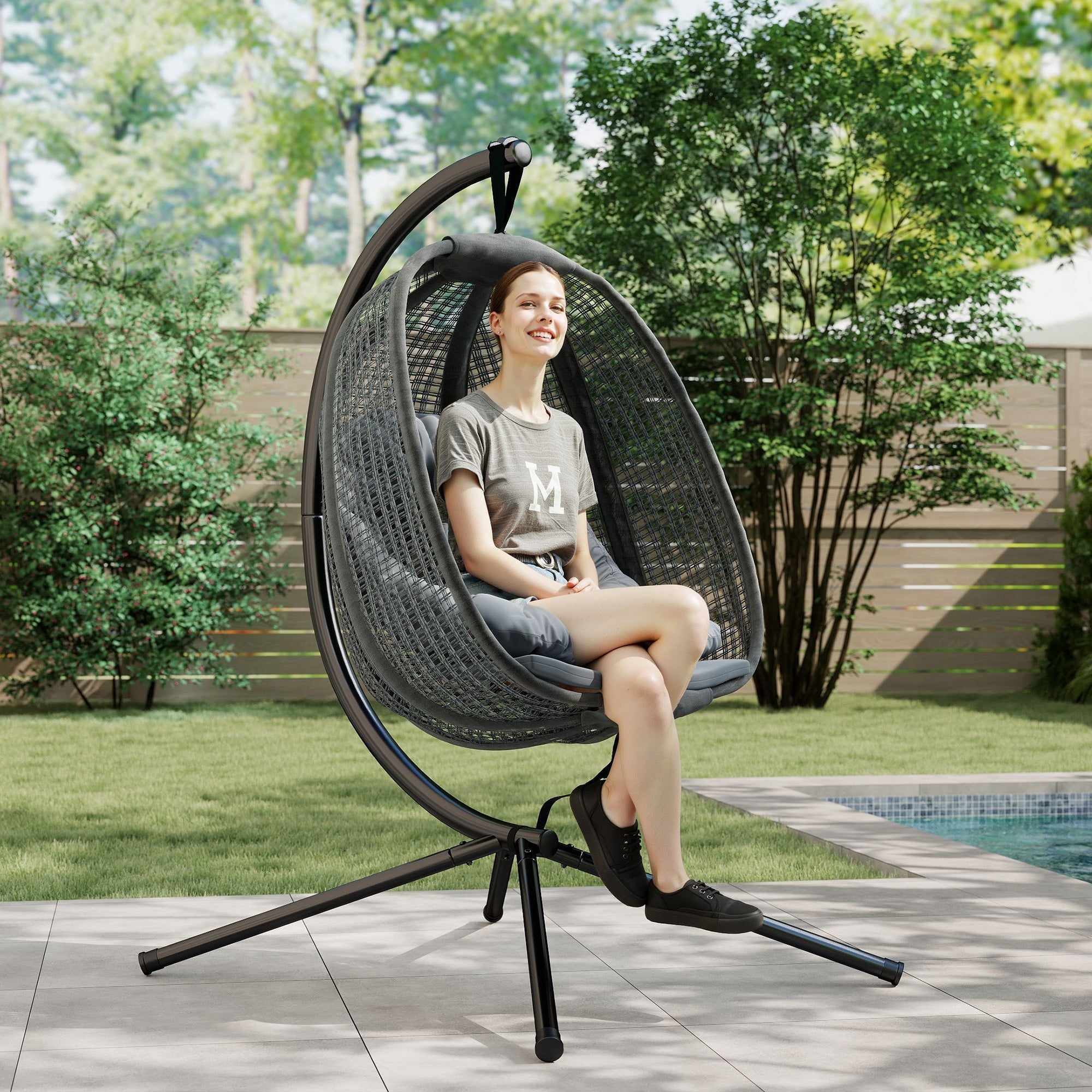 Outsunny Outdoor Swing Chair with Thick Padded Cushion, Patio Hanging Chair with Metal Stand, Egg Chair with Foldable Basket, Cup Holder, for Indoor and Outdoor, Dark Grey