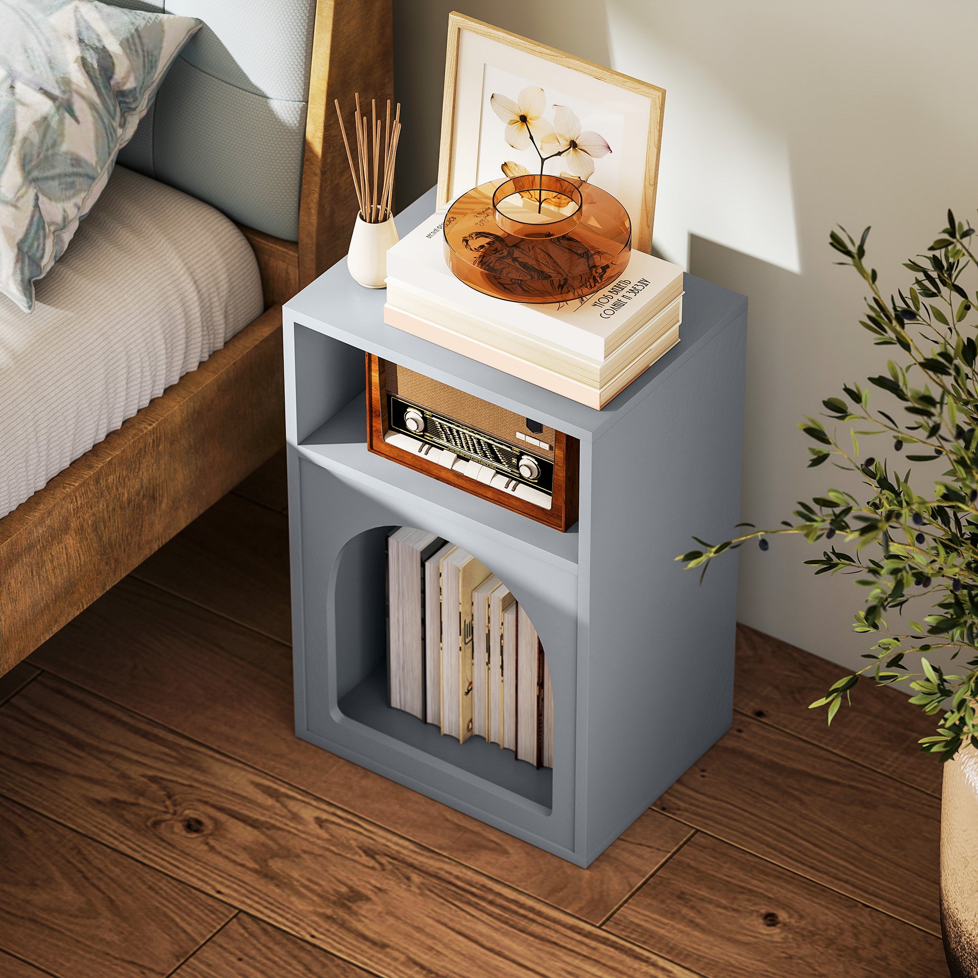 HOMCOM Bedside Table with 2 Open Compartments - Grey