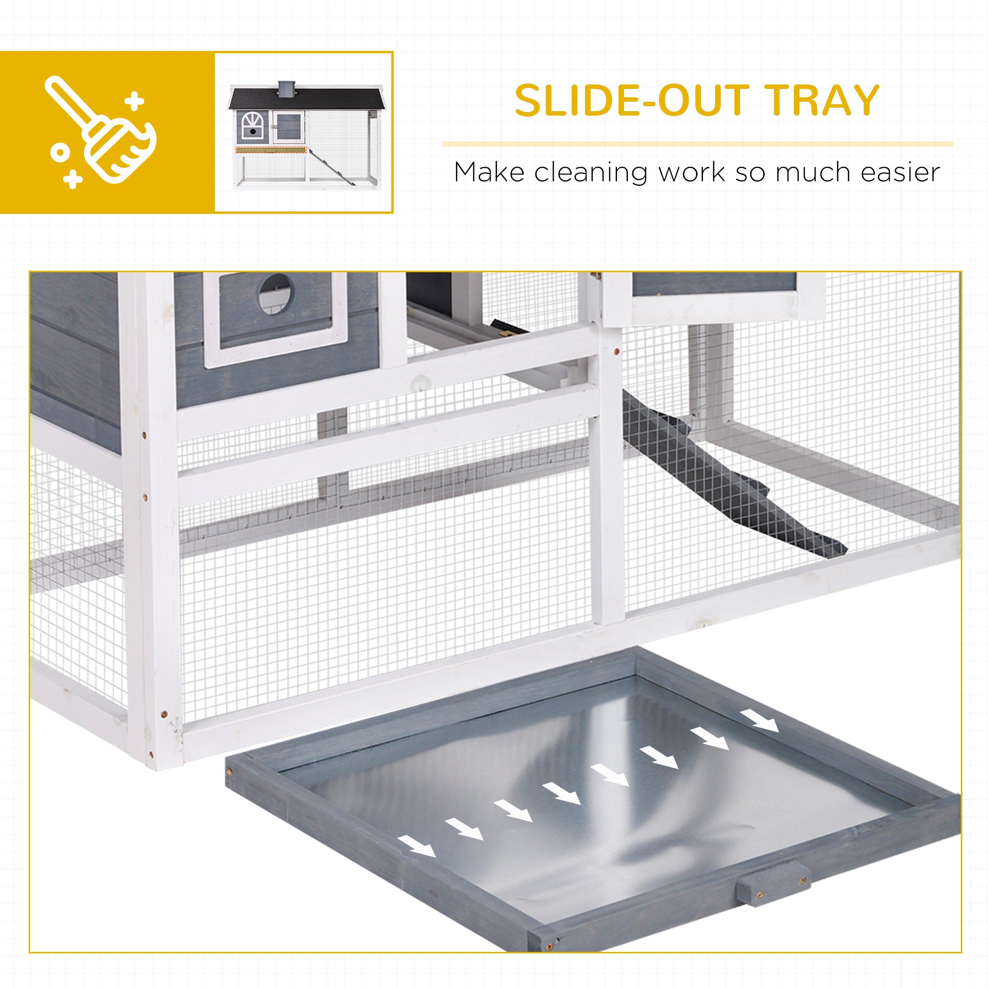 PawHut Wooden Rabbit Hutch and Run with Sliding Tray, Ramp, Water-resistant Roof, for 2-4 Rabbits, Grey