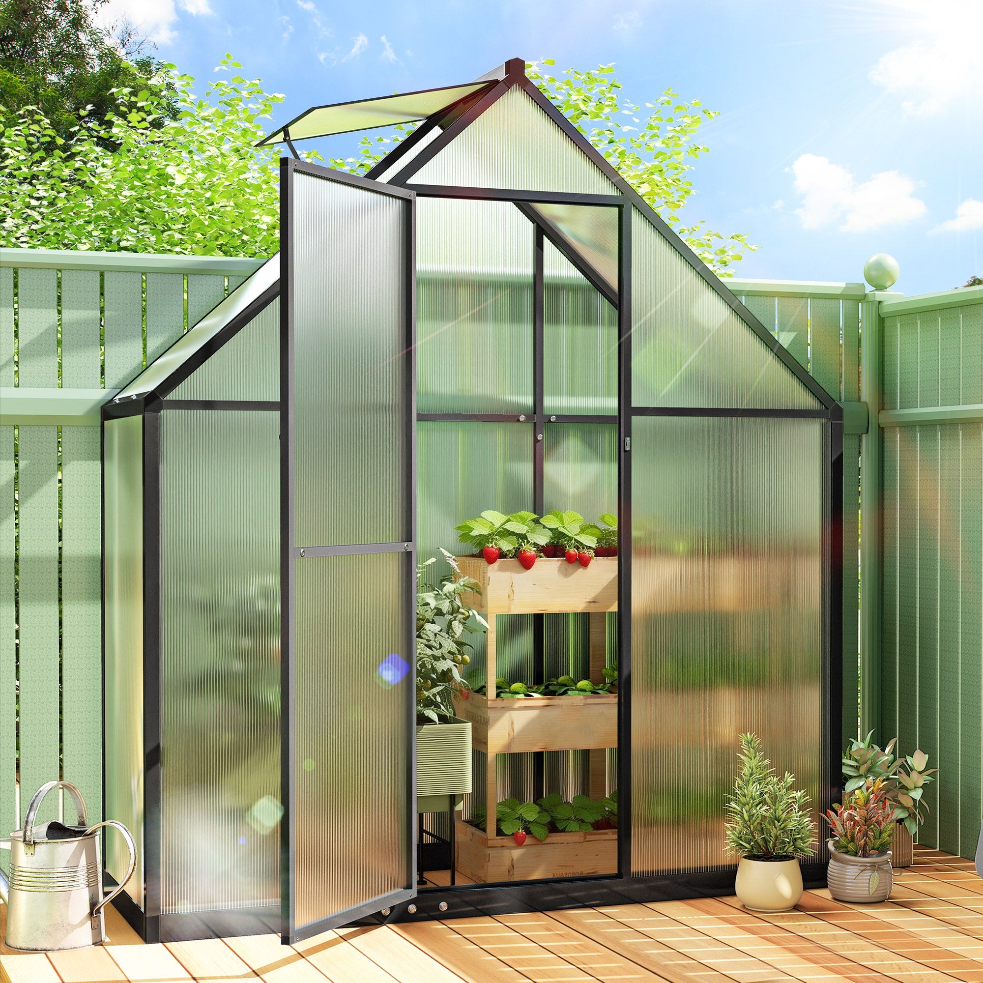 Outsunny Polycarbonate Greenhouse with Swing Door and Adjustable Window, Walk-in Greenhouse, 5.5 x 6.5ft, Black