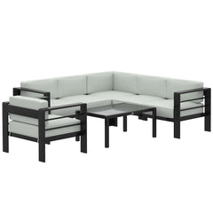 Outsunny 5-Piece Garden Corner Sofa Set with Cushions, 6 Seater Aluminium Garden Furniture Set with Coffee Table, Light Grey