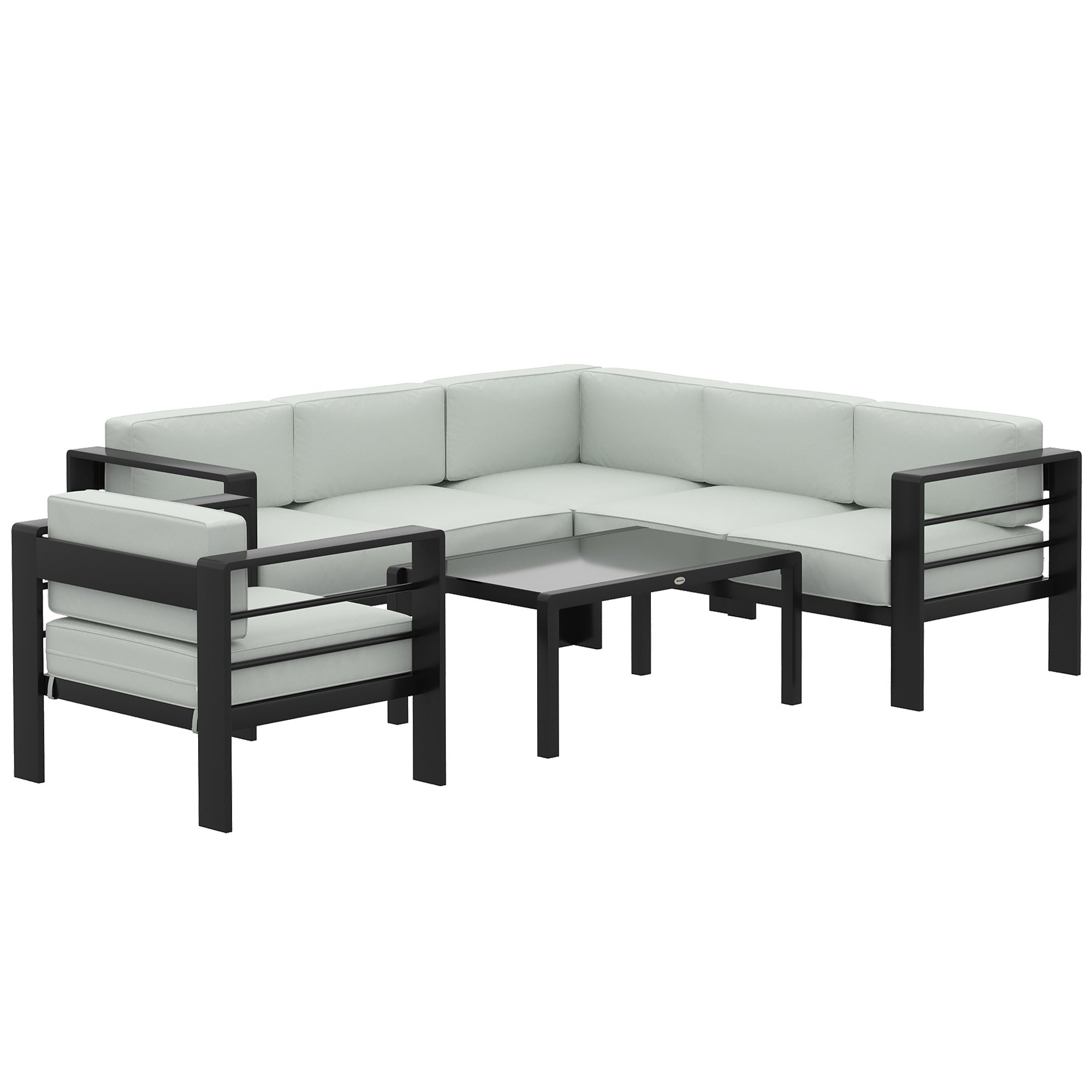 Outsunny 5-Piece Garden Corner Sofa Set with Cushions, 6 Seater Aluminium Garden Furniture Set with Coffee Table, Light Grey