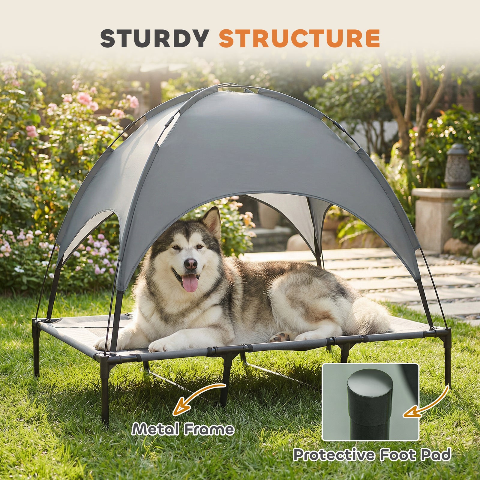 PawHut Outdoor Dog Bed with Removable Canopy, Portable Raised Dog Bed for Camping, Garden & Beach, Water-Resistant UV-Protection Mesh Pet Cot Sun Lounger, for XL Pets, 122 x 92 x 108 cm, Grey