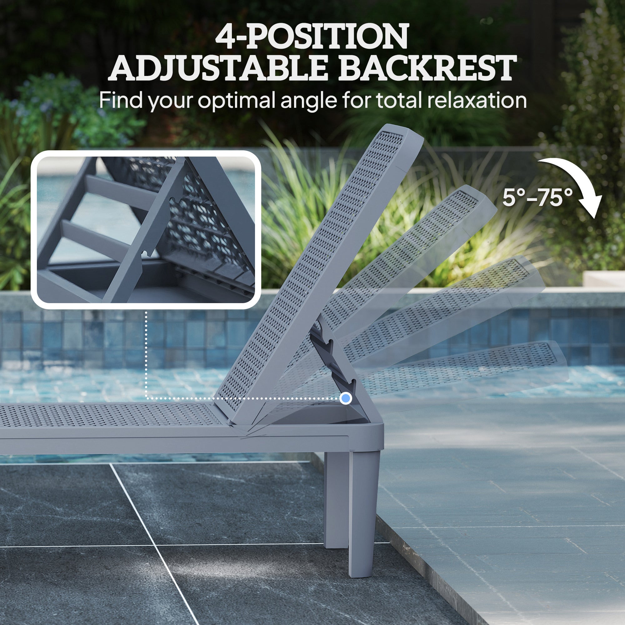 Outsunny Plastic Sun Lounger, 4-Position Adjustable Reclining Garden Lounger Sunbed for Patio, Beach, Terrace, Dark Grey