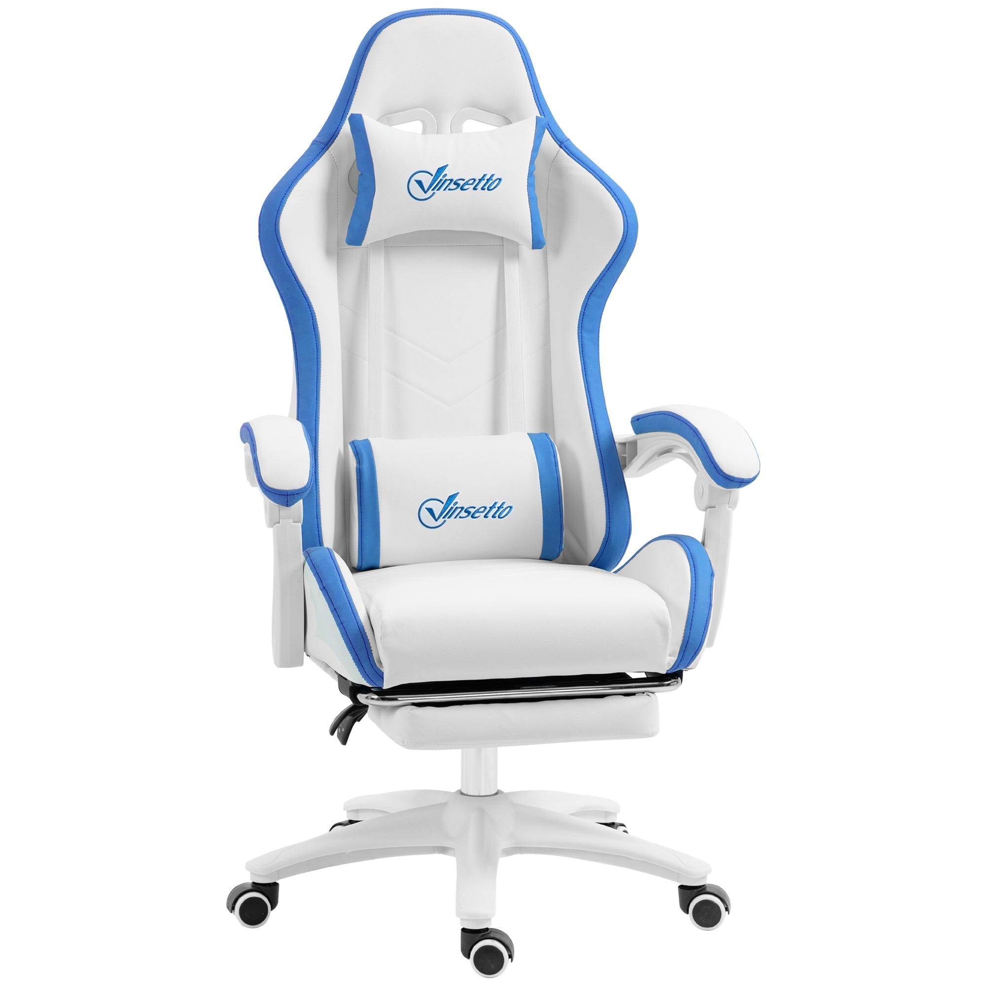 Vinsetto Computer Gaming Chair, PU Leather Office Desk Chair with Footrest, Swivel Wheels, 135  Reclining Back, Lumbar Support, Headrest for Home, White and Blue