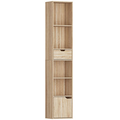 HOMCOM 6-Tier Bookcase, Tall Narrow Bookshelf with Drawer and Door - Natural Wood Finish