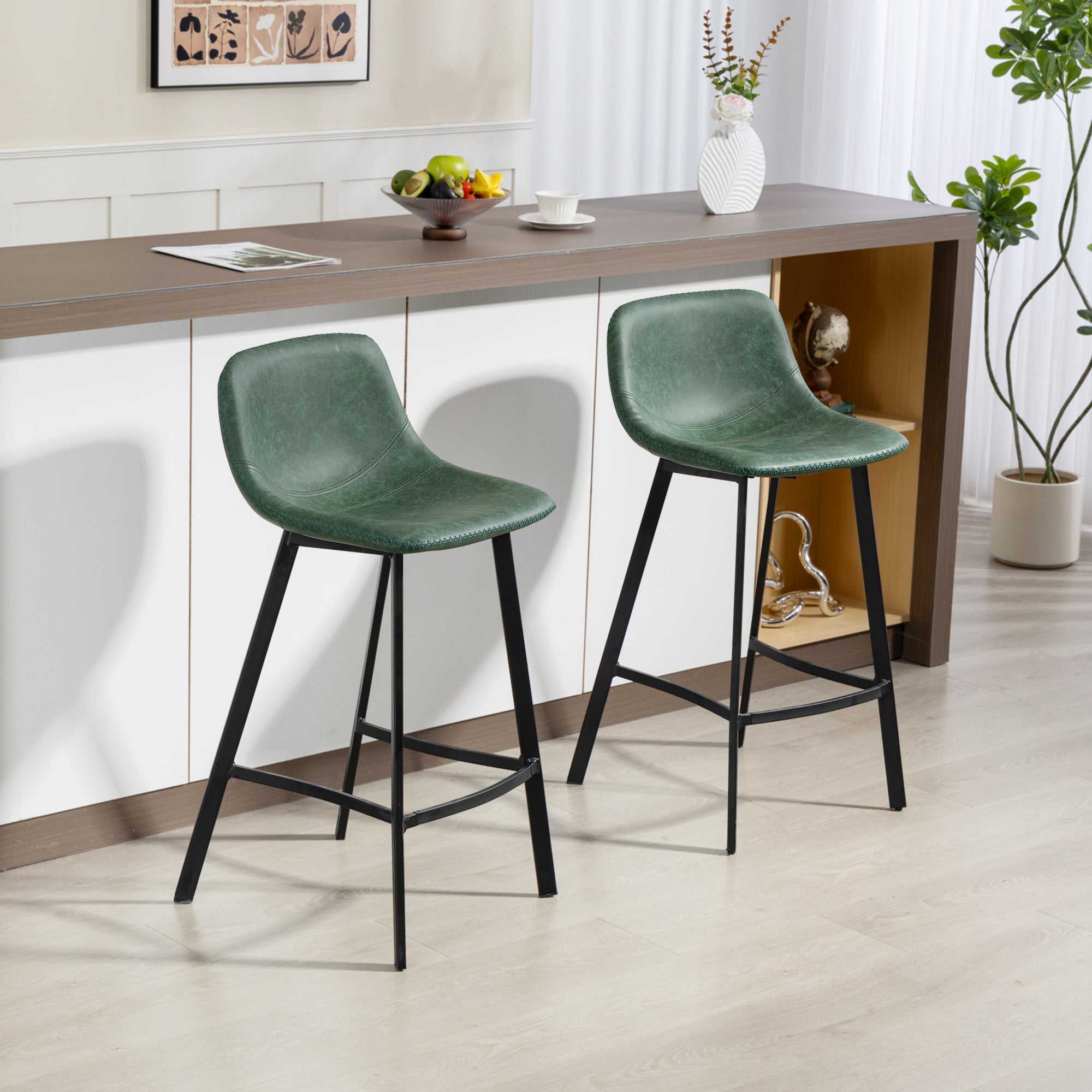 HOMCOM Bar Stools Set of 2, PU Leather Dining Stools with Backrest, Footrest, for Kitchen, Counter, Breakfast Bar, Green