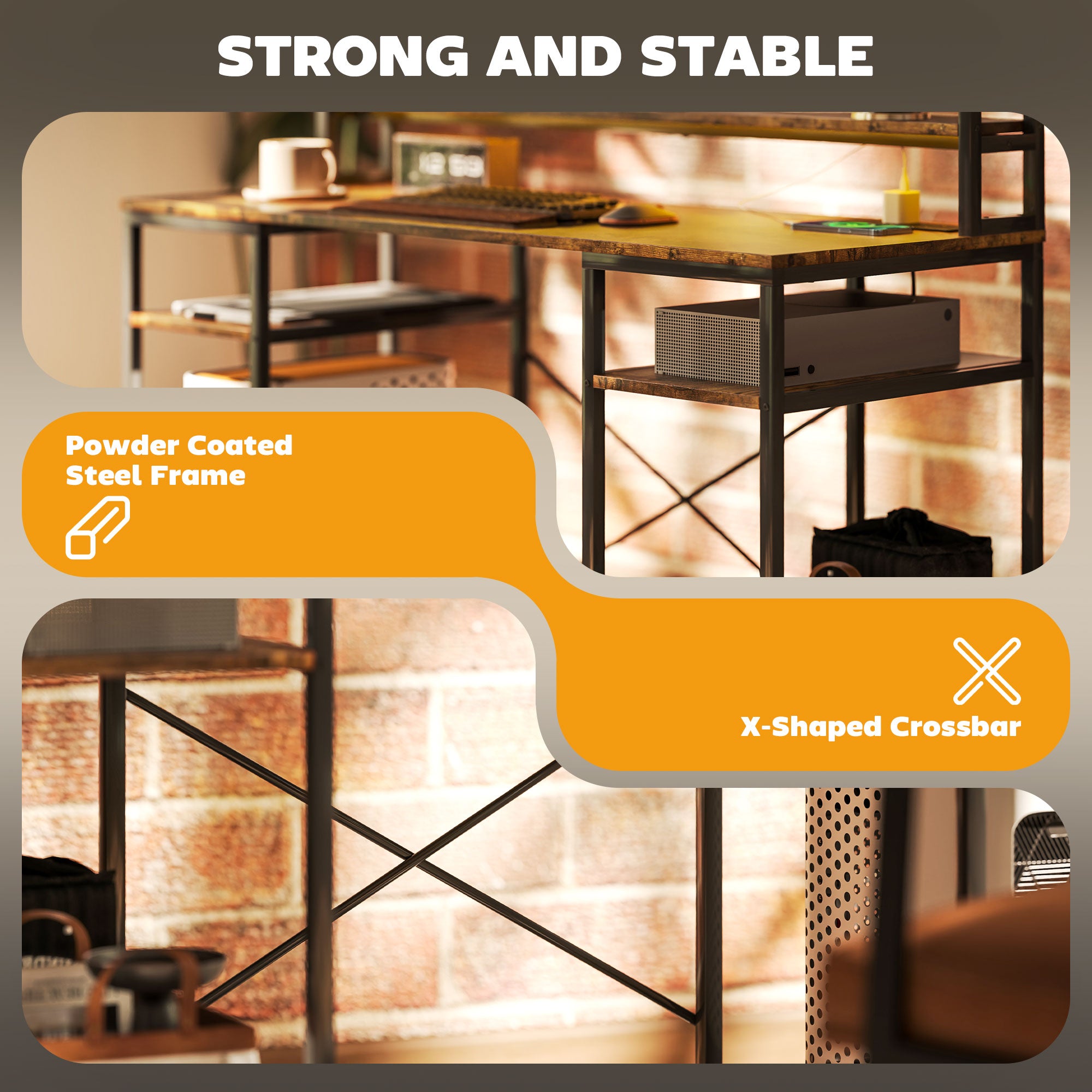 HOMCOM Computer Desk with Power Outlets and LED Lights, Home Office Desk with Monitor Stand, 2 CPU Stands and Storage Shelves, Study Table Gaming Desk with Hutch, Rustic Brown