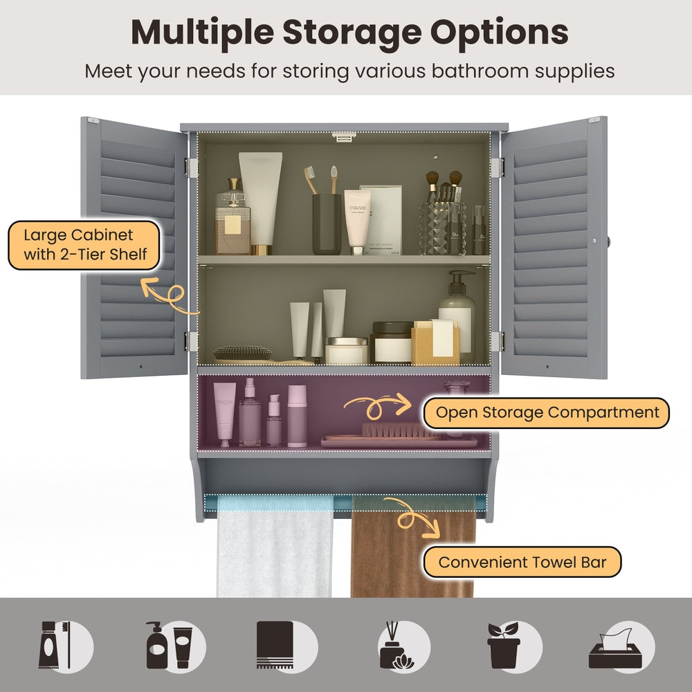 Open grey wall cabinet showing storage options and a towel bar