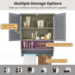 Open grey wall cabinet showing storage options and a towel bar
