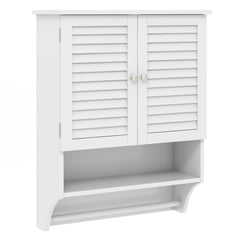 Bathroom Wall Cabinet with two doors and an open shelf below, featuring louvered doors