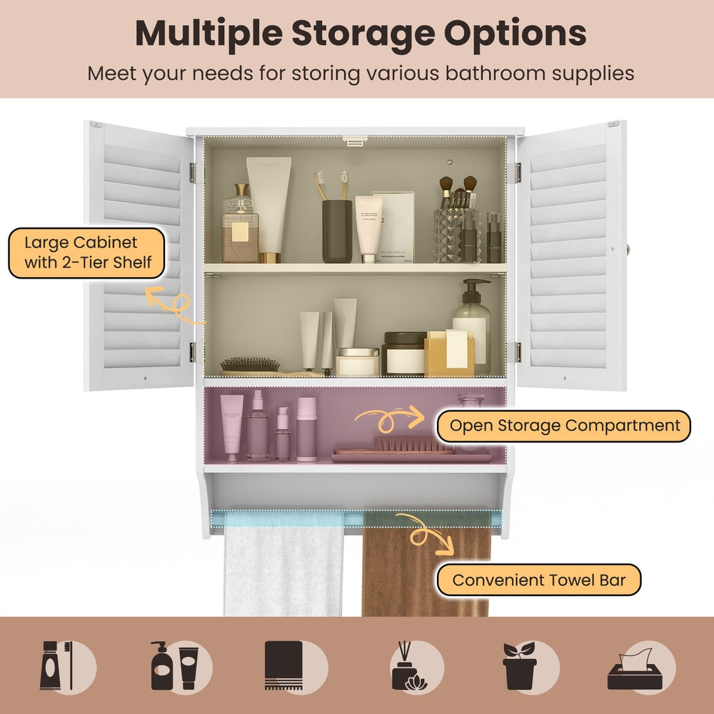 Multiple storage options are highlighted within the cabinet, including shelves and a towel bar
