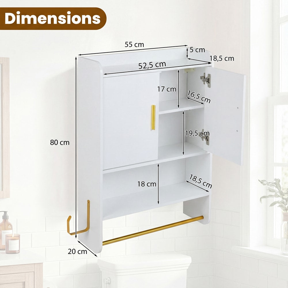 Bathroom Wall Cabinet with Open Shelves and Adjustable Shelf in White