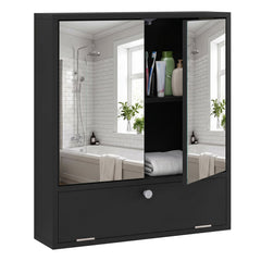 Bathroom Wall Cabinet with 2 Mirrored Doors & Flip-Down Door for Storage-Black