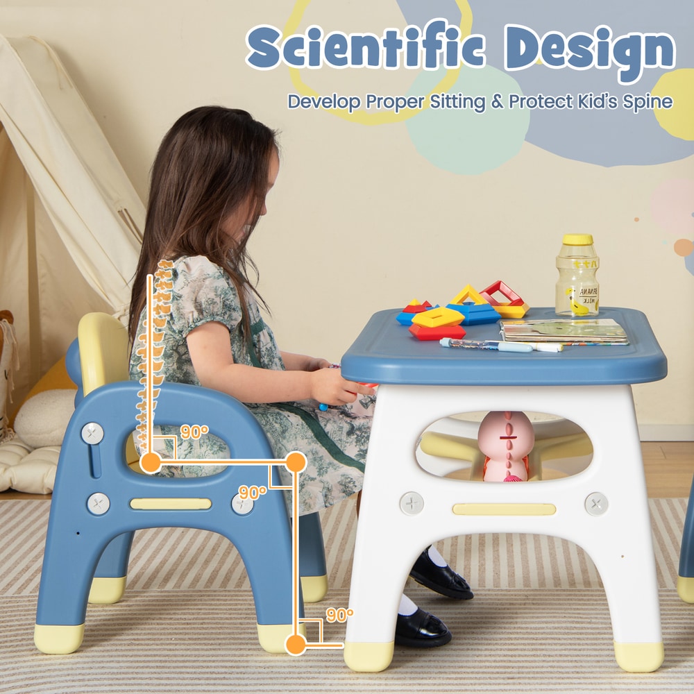 The kids table and chair set showing the ergonomic design for proper sitting posture
