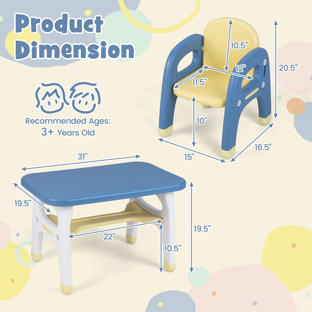 The kids table and chair set with labels showing the dimensions of each piece