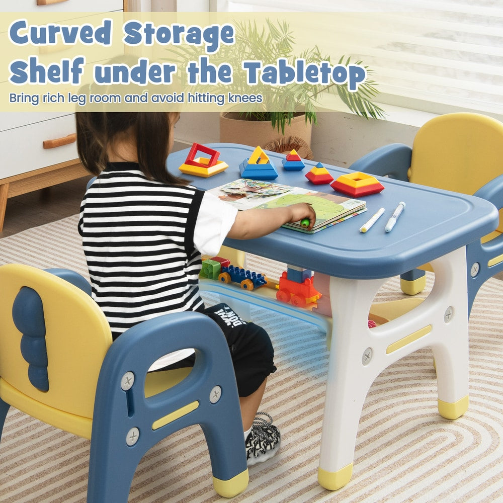 The kids table and chair set highlighting the storage shelf space under the tabletop