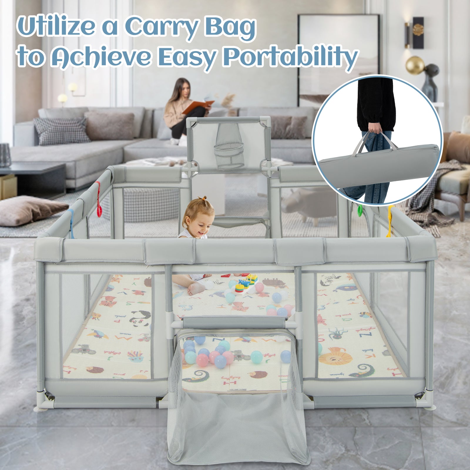 Large Baby Playpen with Mat and Ocean balls-Light Grey