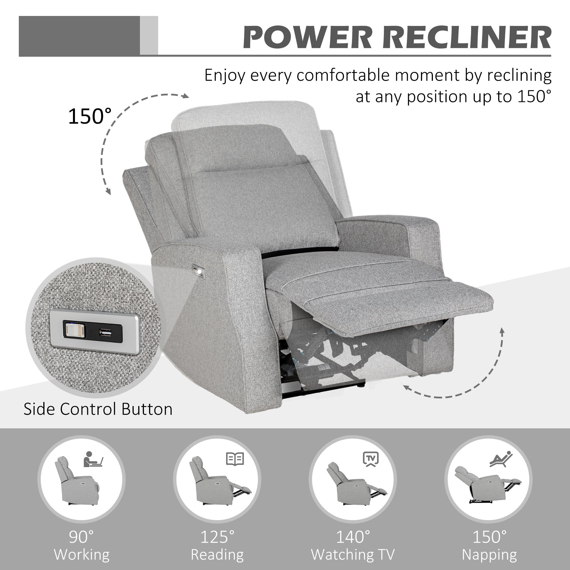 HOMCOM 150 Electric Reclining Chair, with USB port and Footrest - Grey