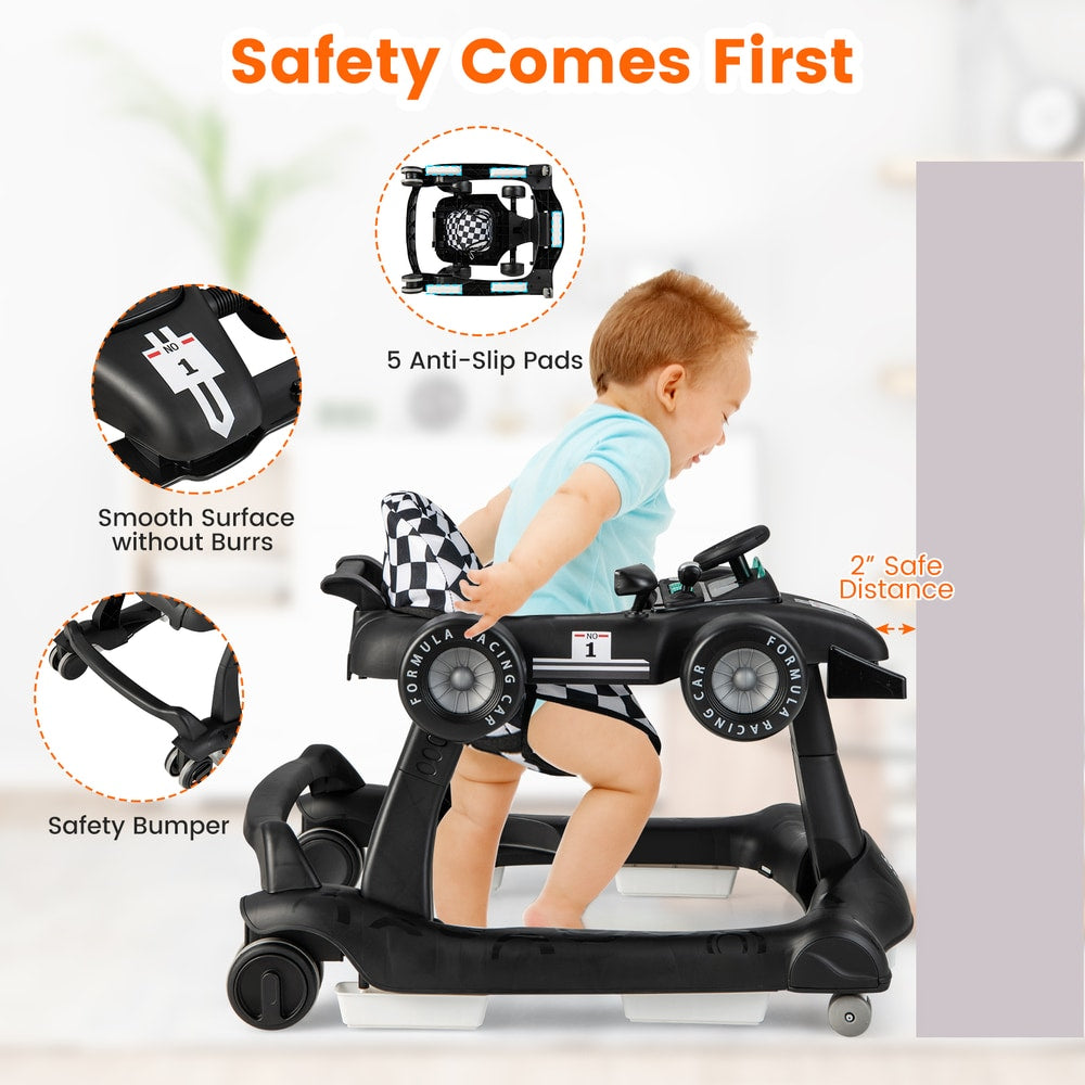 Safety features of the black baby walker, including anti-slip pads