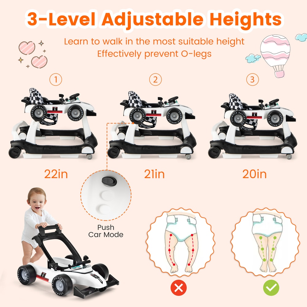 4-in-1 Baby Push Walker with Adjustable Height and Speed in White