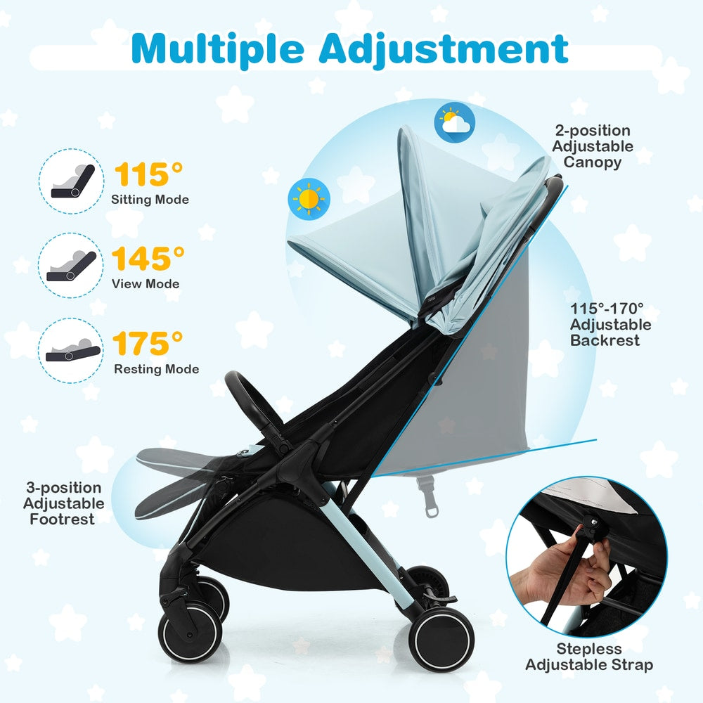 The baby stroller showing adjustable backrest and canopy positions with a strap detail
