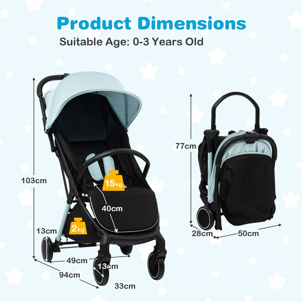 The baby stroller with technical lines showing height and width measurements on a blue background