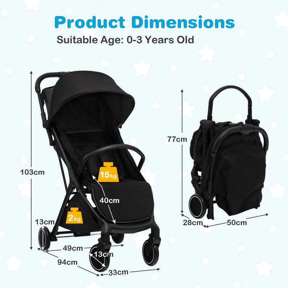 the black baby stroller shown in upright and folded positions with arrows indicating measurements