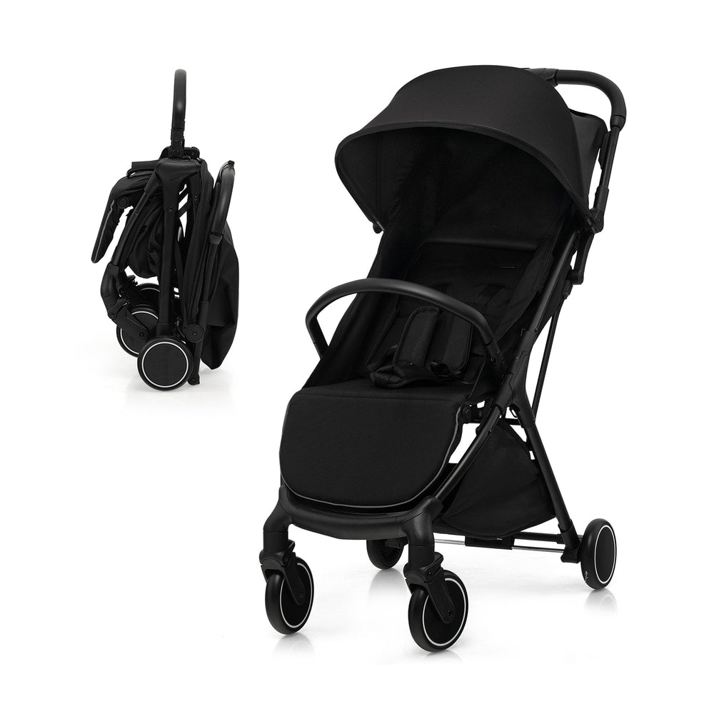 A black baby stroller shown both upright and folded, with the folded stroller to the left