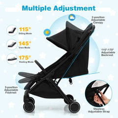 A black baby stroller with adjustable canopy, seat, and footrest, showing multiple angles