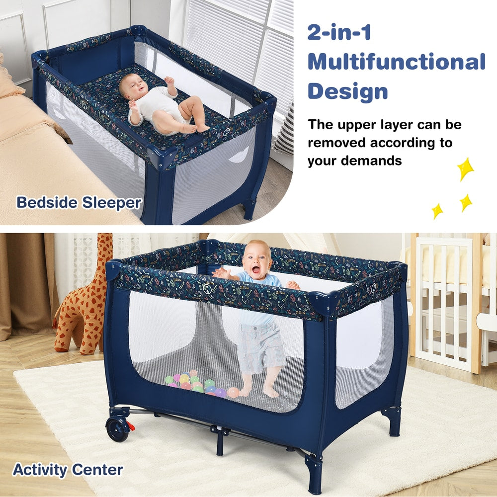 The blue baby playpen shown as a bedside sleeper and an activity centre