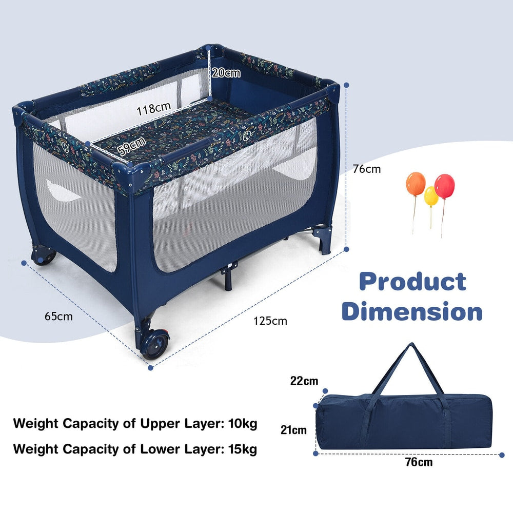 Dimensions and weight capacity of the blue baby playpen with mattress and carry bag