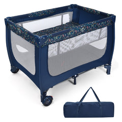 Blue baby playpen with mattress and carry bag shown separately