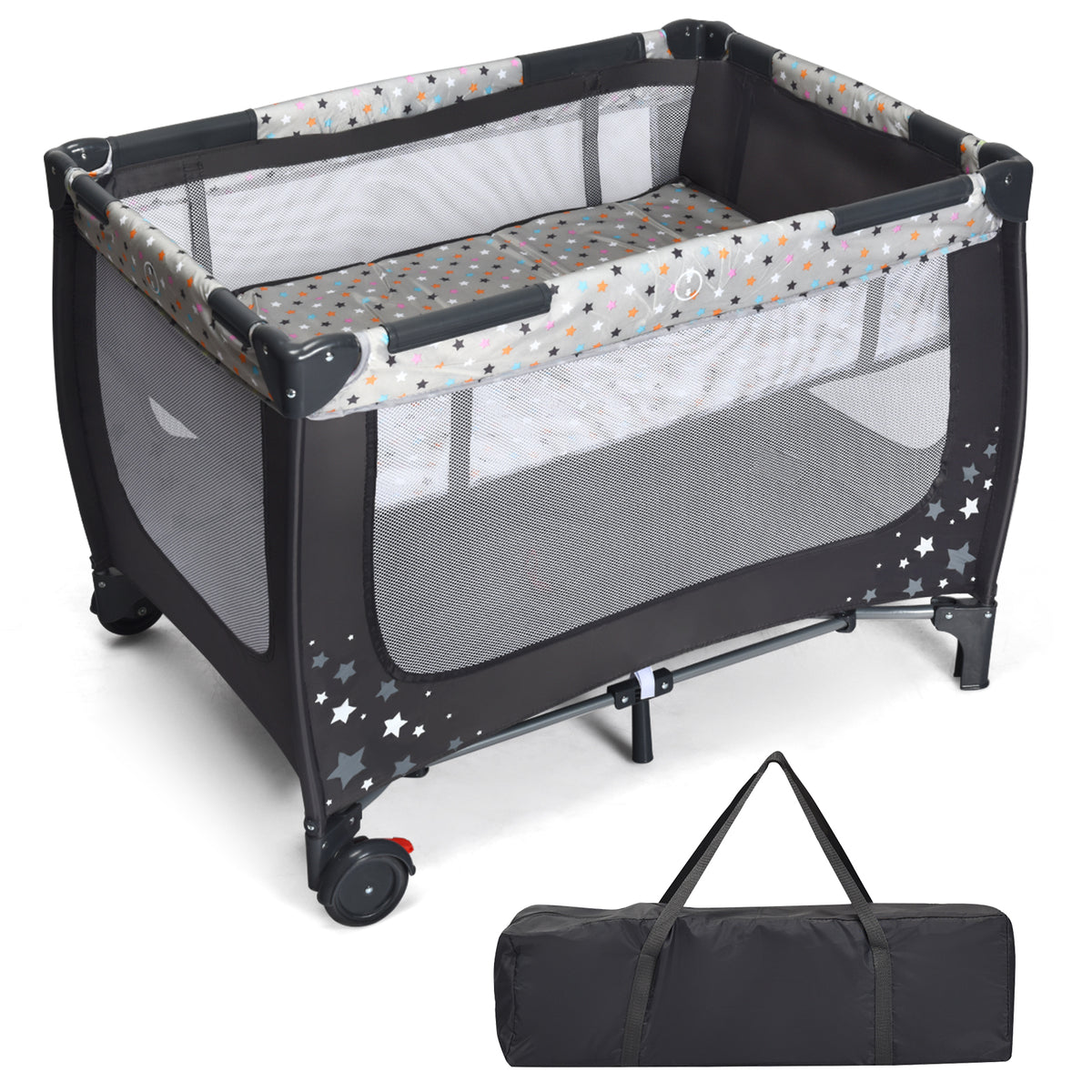 The baby playpen shown alongside its black fabric carry bag for storage and travel