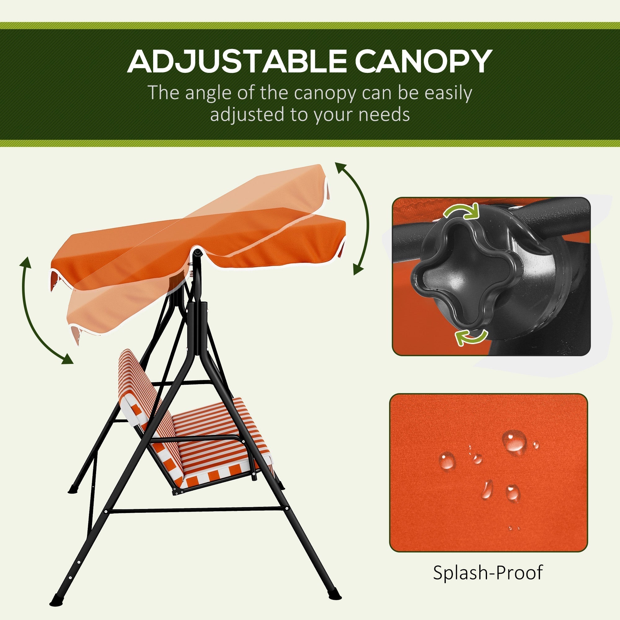 Outsunny 3 Seater Garden Swing Chair, Outdoor Swing Chair with Adjustable Canopy, Mental Frame & Cushions, Orange