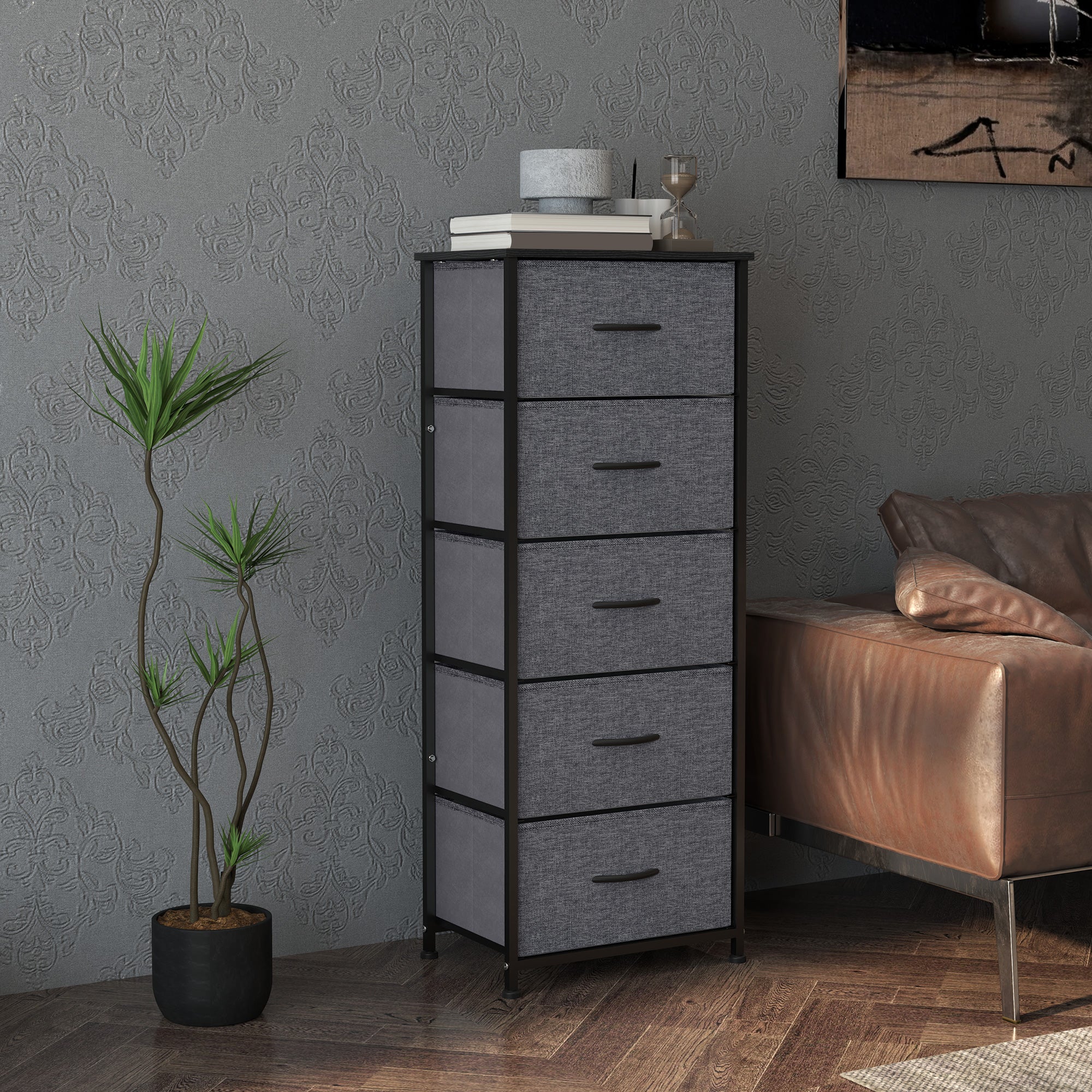 HOMCOM Fabric Chest of Drawers, Industrial Bedroom Dresser with 5 Fabric Drawers, Steel Frame and Wooden Top for Nursery, Living Room, Hallway, Dark Grey