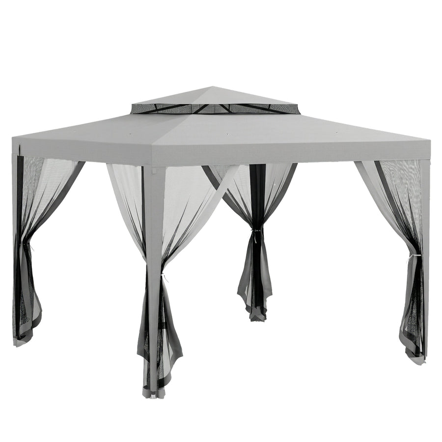 Outsunny 3 x 3 m Gazebo, Netting Party Tent, Patio Canopy Outdoor Event Shelter with Double Tier Roof, Light Grey