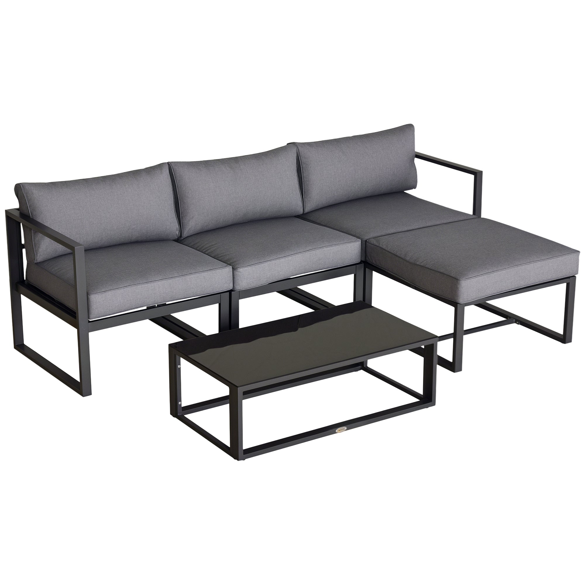Outsunny 5 Pieces Outdoor Patio Furniture Set, Sofa Couch with Glass Coffee Table, Cushioned Chairs and Aluminum Tube, for Balcony Garden Backyard, Grey