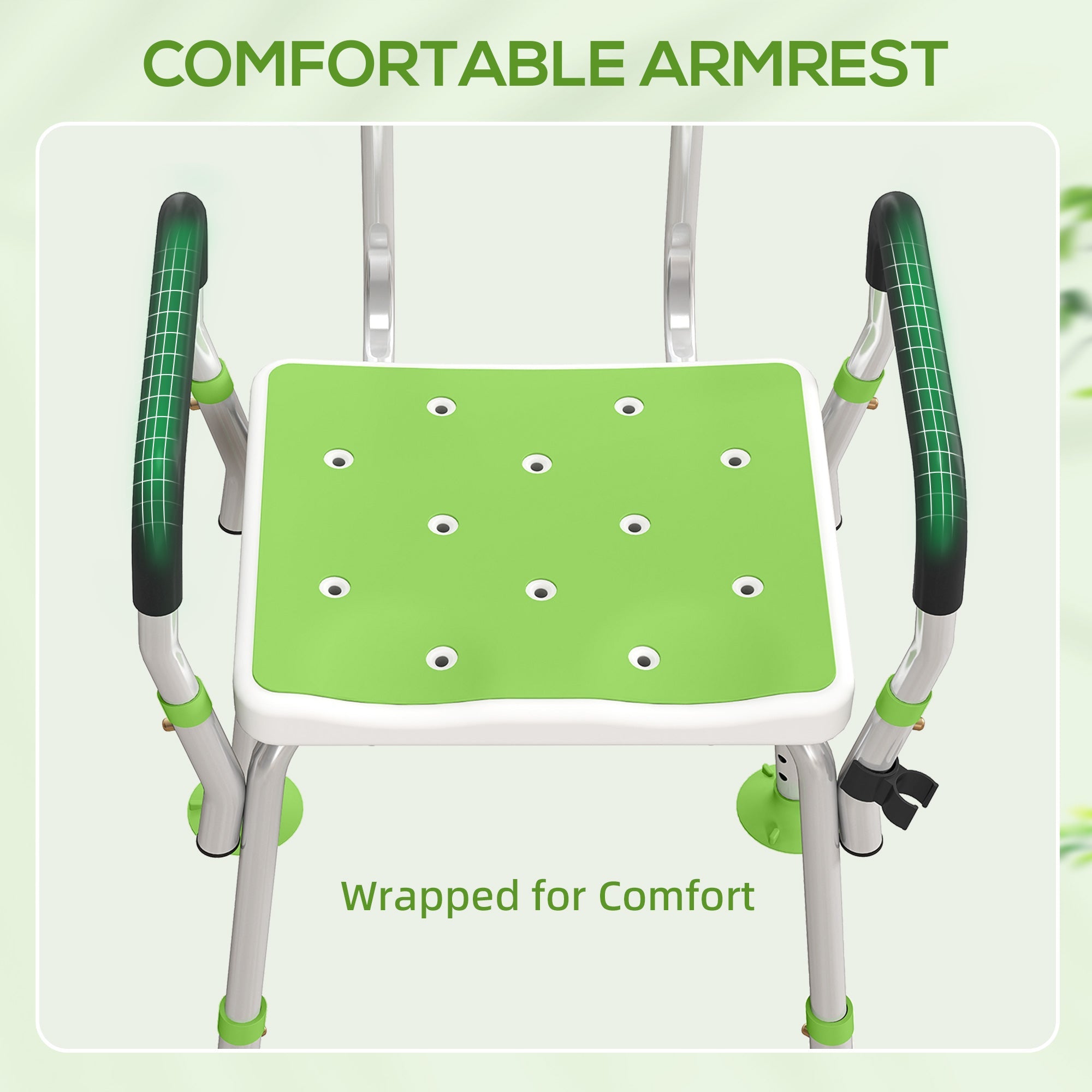 HOMCOM EVA Padded Shower Chair for the Elderly and Disabled, Height Adjustable Shower Stool with Back and Arms, 4 Suction Foot Pads, Green