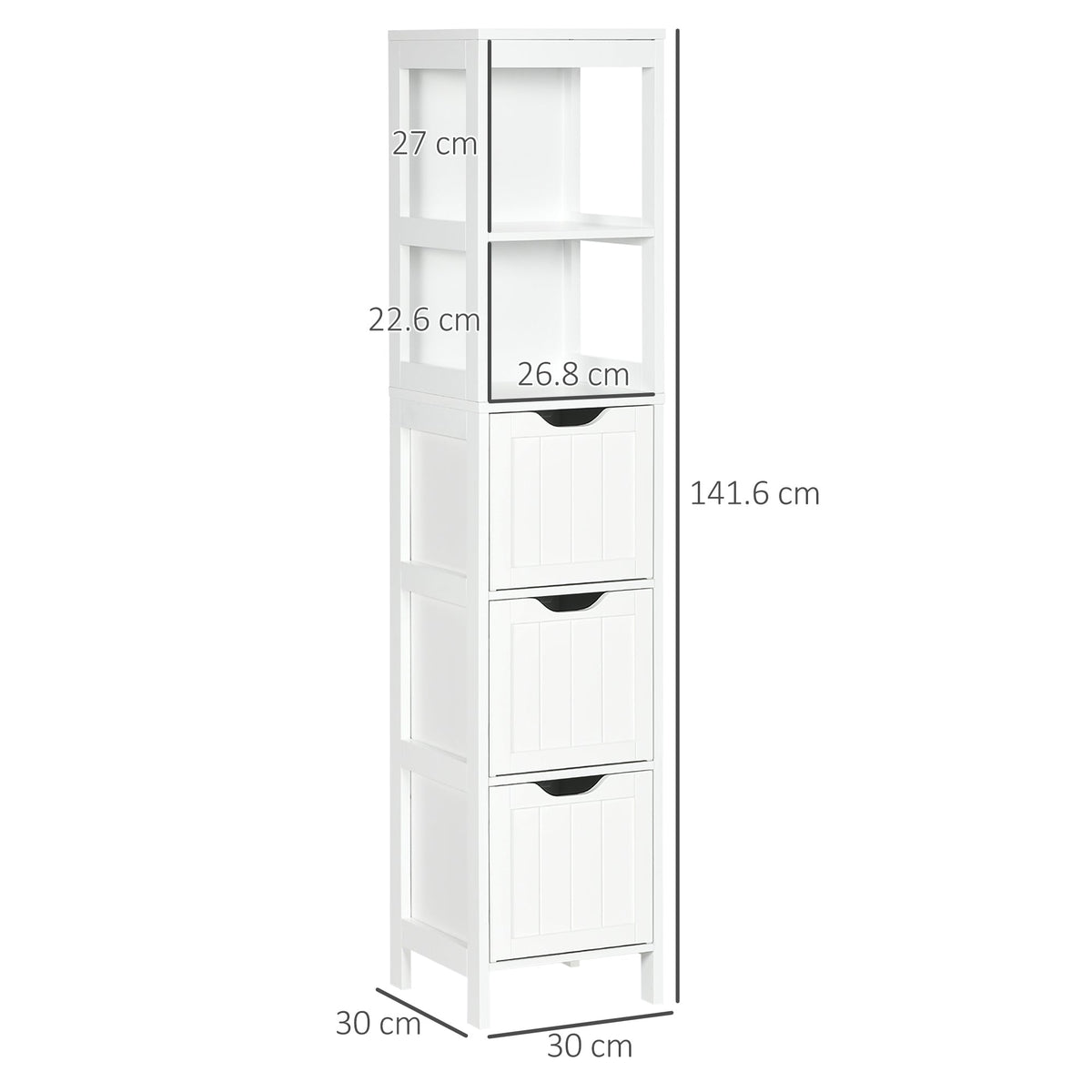 HOMCOM Narrow Floor Cabinet, Bathroom Cabinet with 3 Drawers and 2 Open Shelves, 30W x 30D x 141.6Hcm, White