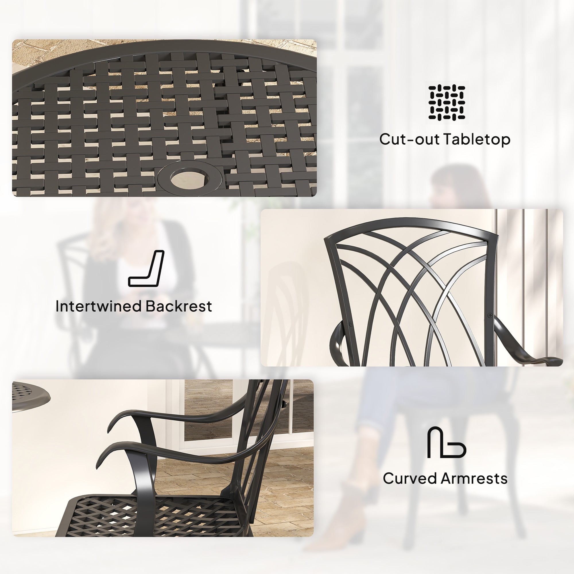 Outsunny 3 Pieces Garden Dining Set for 2, Cast Aluminium Outdoor Dining Set with 2 Armchairs and Round Dining Table with Parasol Hole, Garden Furniture Set, Brown